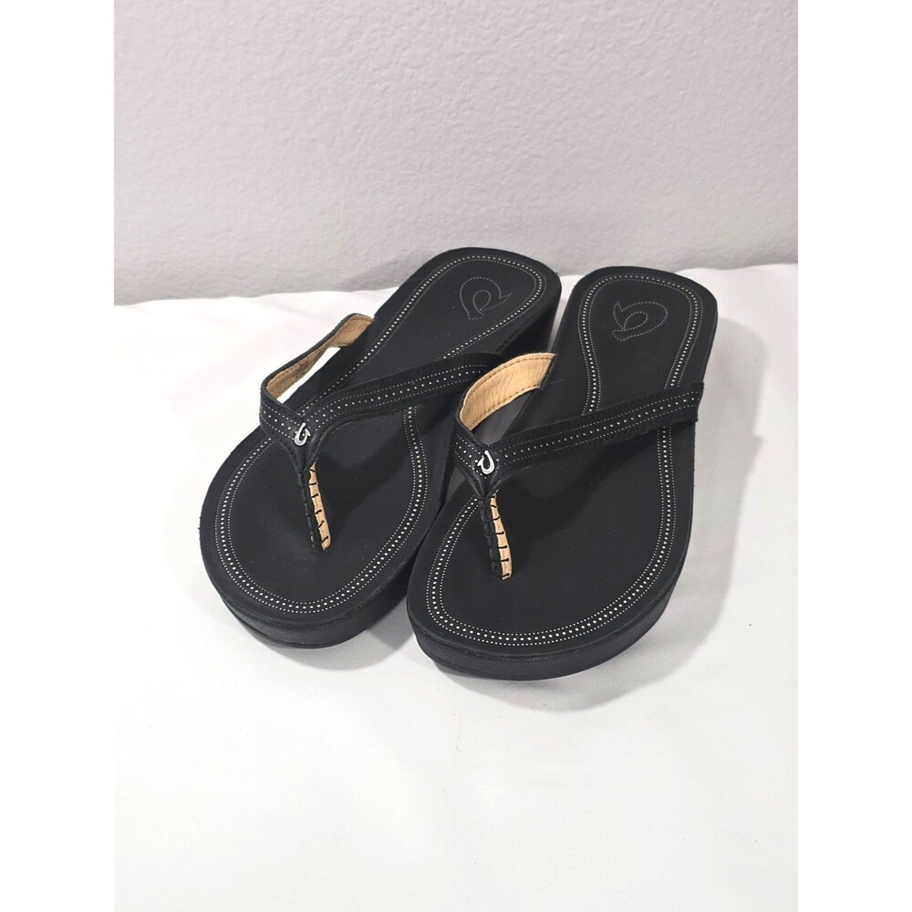 OluKai Ola Slip-On Flip Flop Black Thong Black Leather Wedge Sandals Size 8